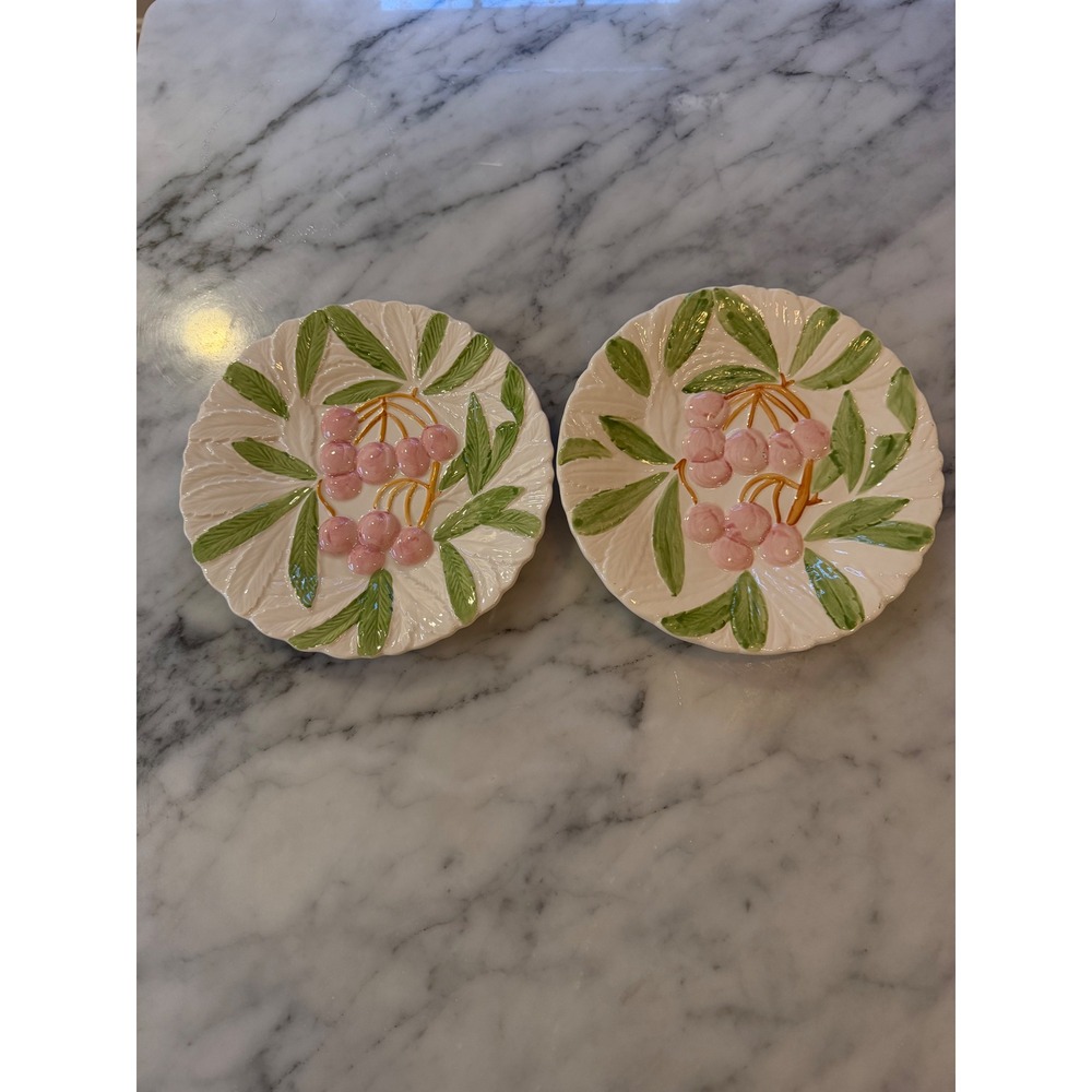 Vintage Shafford Fruit Du Jour Pink Berry Majolica Plates 1987 Set of 2